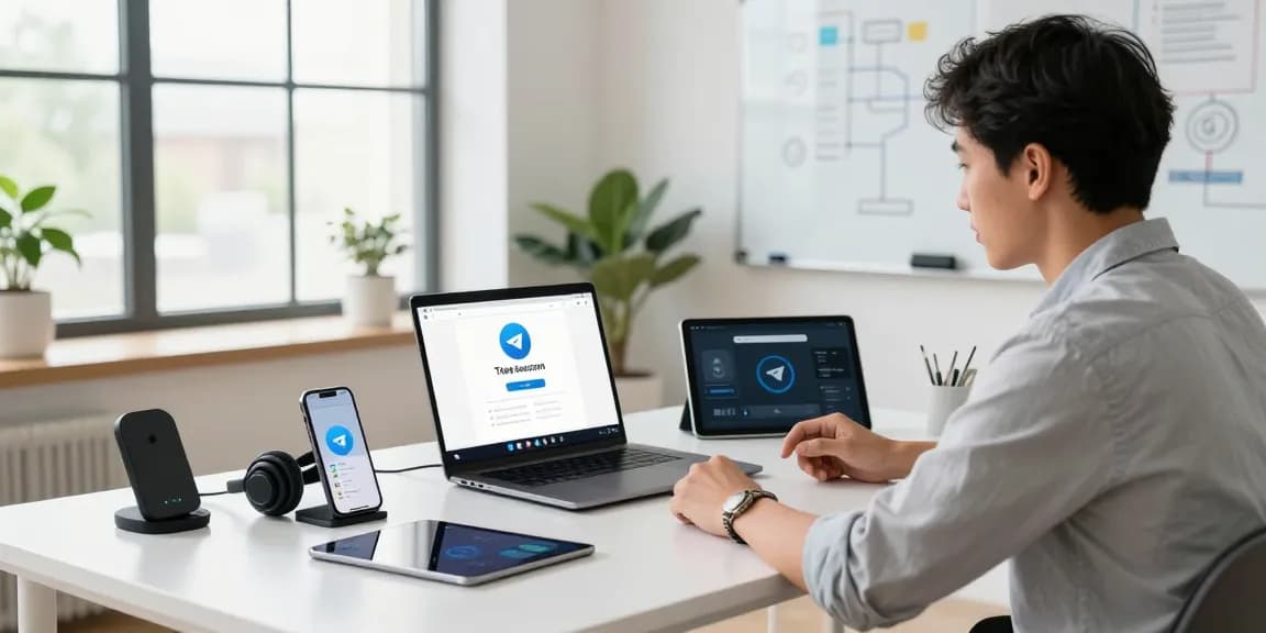 Download Telegram features on multiple devices in a modern workspace.